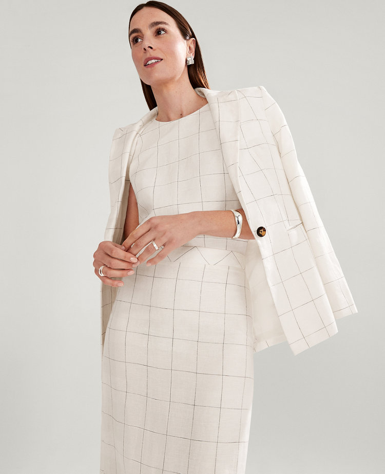 The Fitted One Button Blazer in Windowpane Linen Blend