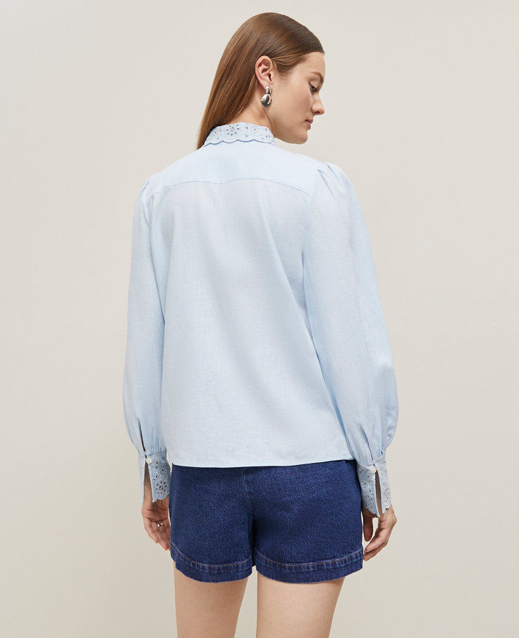 Petite Embroidered Linen Blend Pocket Shirt