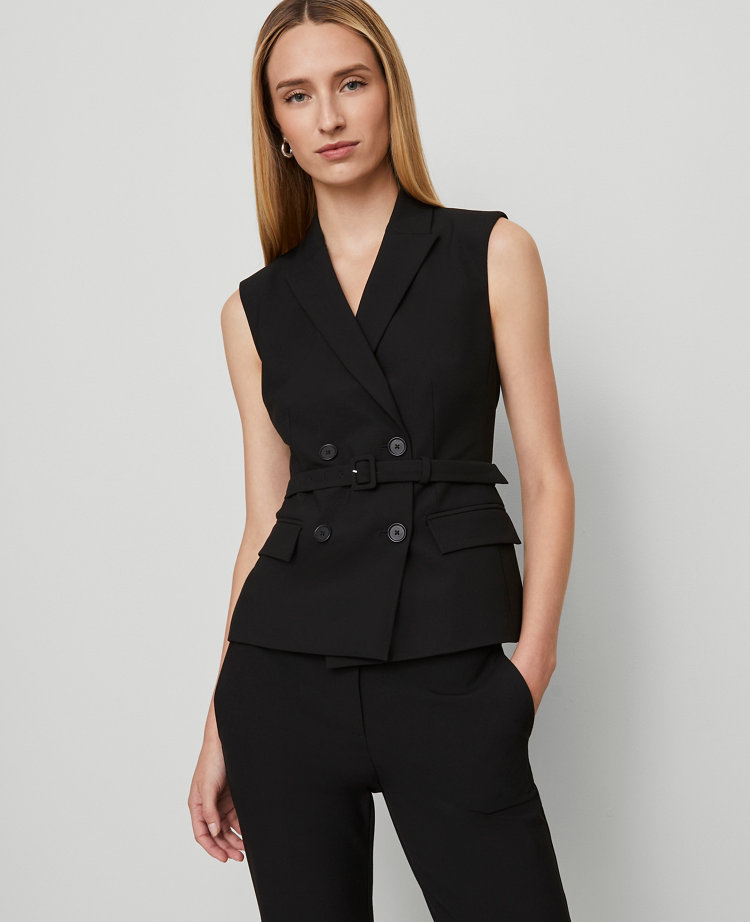 Belted Double-Breasted Vest in Seasonless Stretch