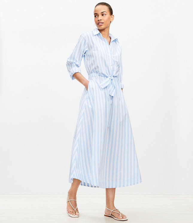 Striped Poplin Tie Front Pocket Shirtdress