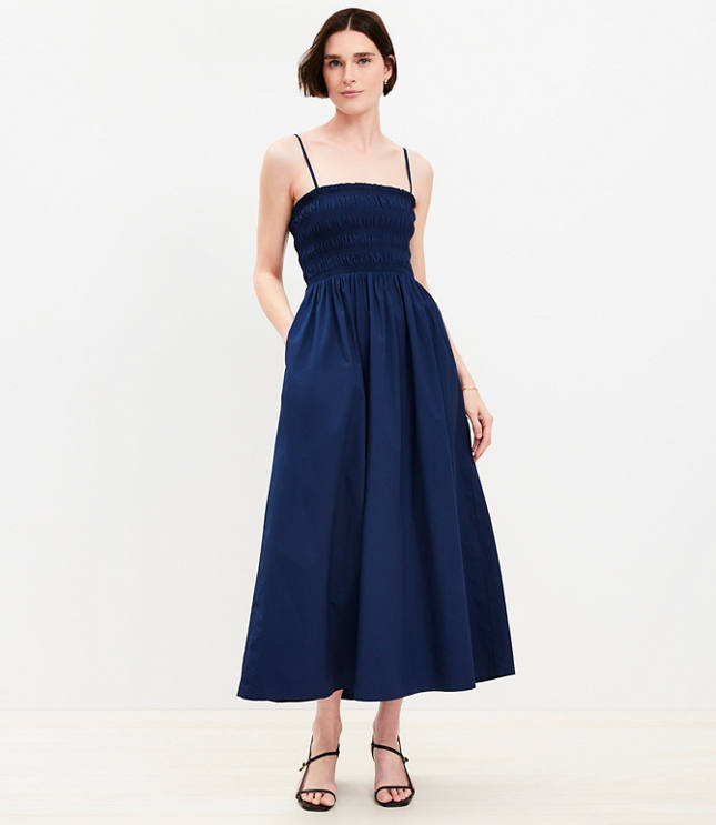 Poplin Smocked Strappy Maxi Pocket Dress